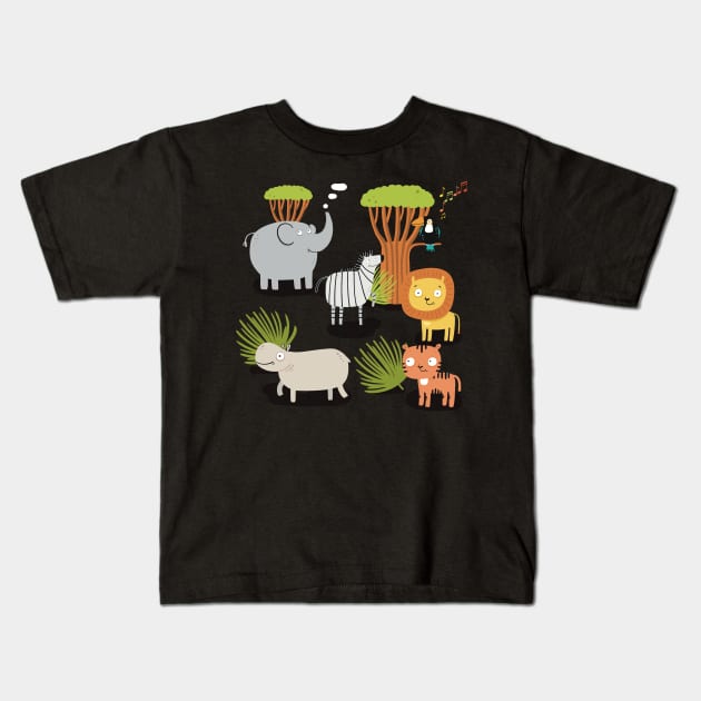 Our friends, the lion, tiger, zebra, elephant , tucan and hippo,on the savannah in Africa Kids T-Shirt by marina63